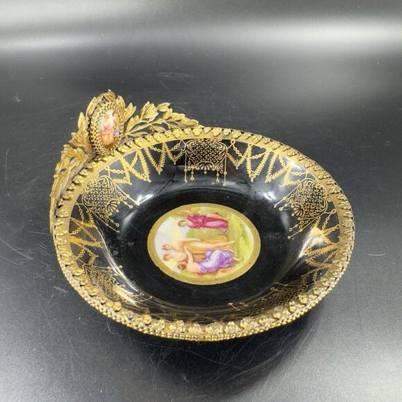 Antique La Chateau Porcelain Trinket Dish Metal Bronze Mount Victorian Scene VTG - Picture 15 of 16